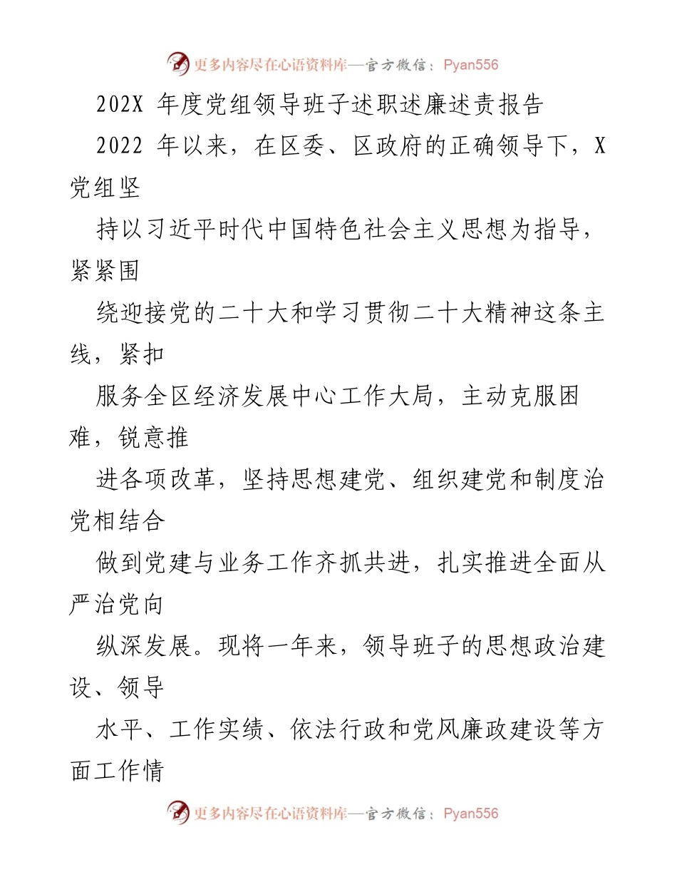 [发言] 党组年度述职会议 - 202X年度党组领导班子述职述廉述责报告.docx_第1页