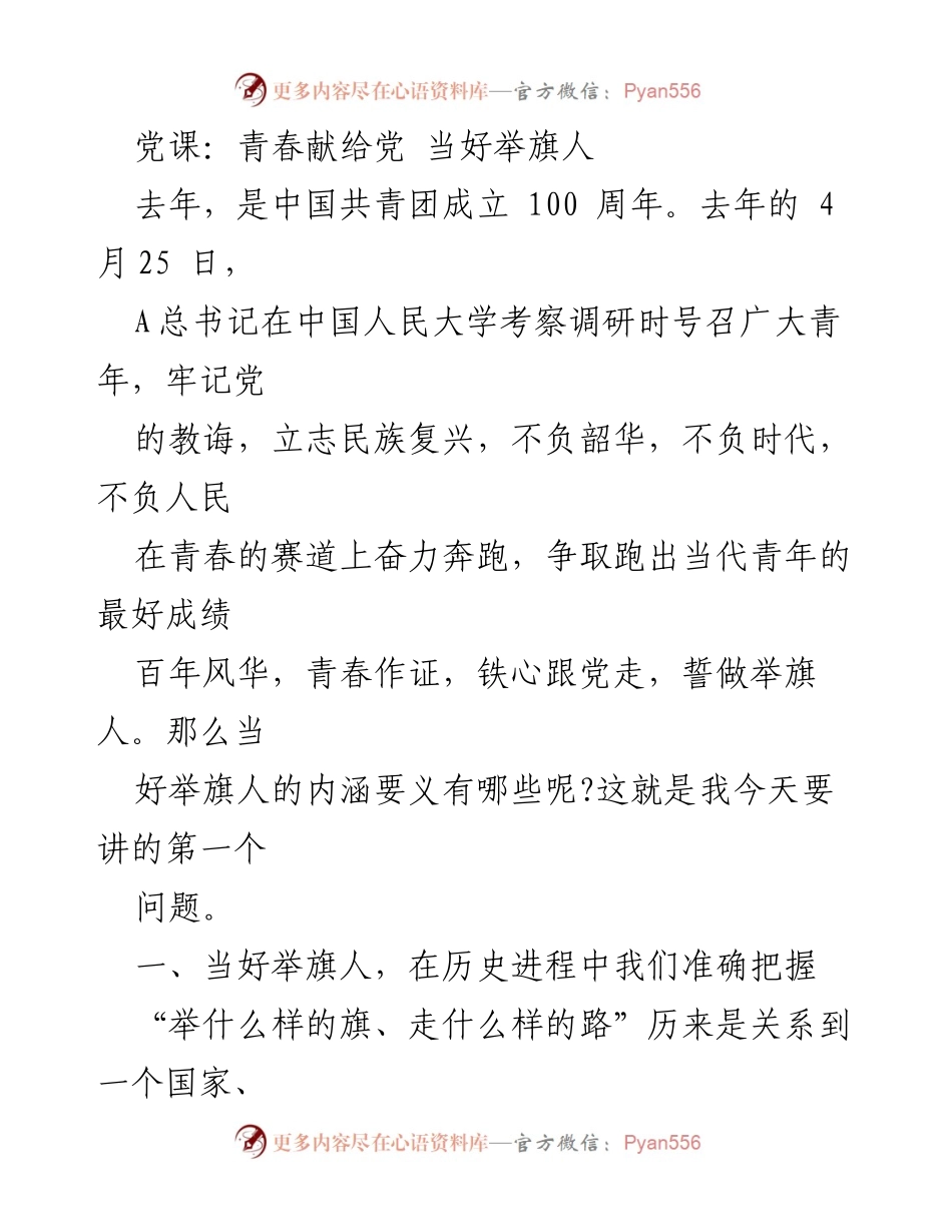 [发言] 党课 - 青春献给党，做新时代的举旗人.docx_第1页