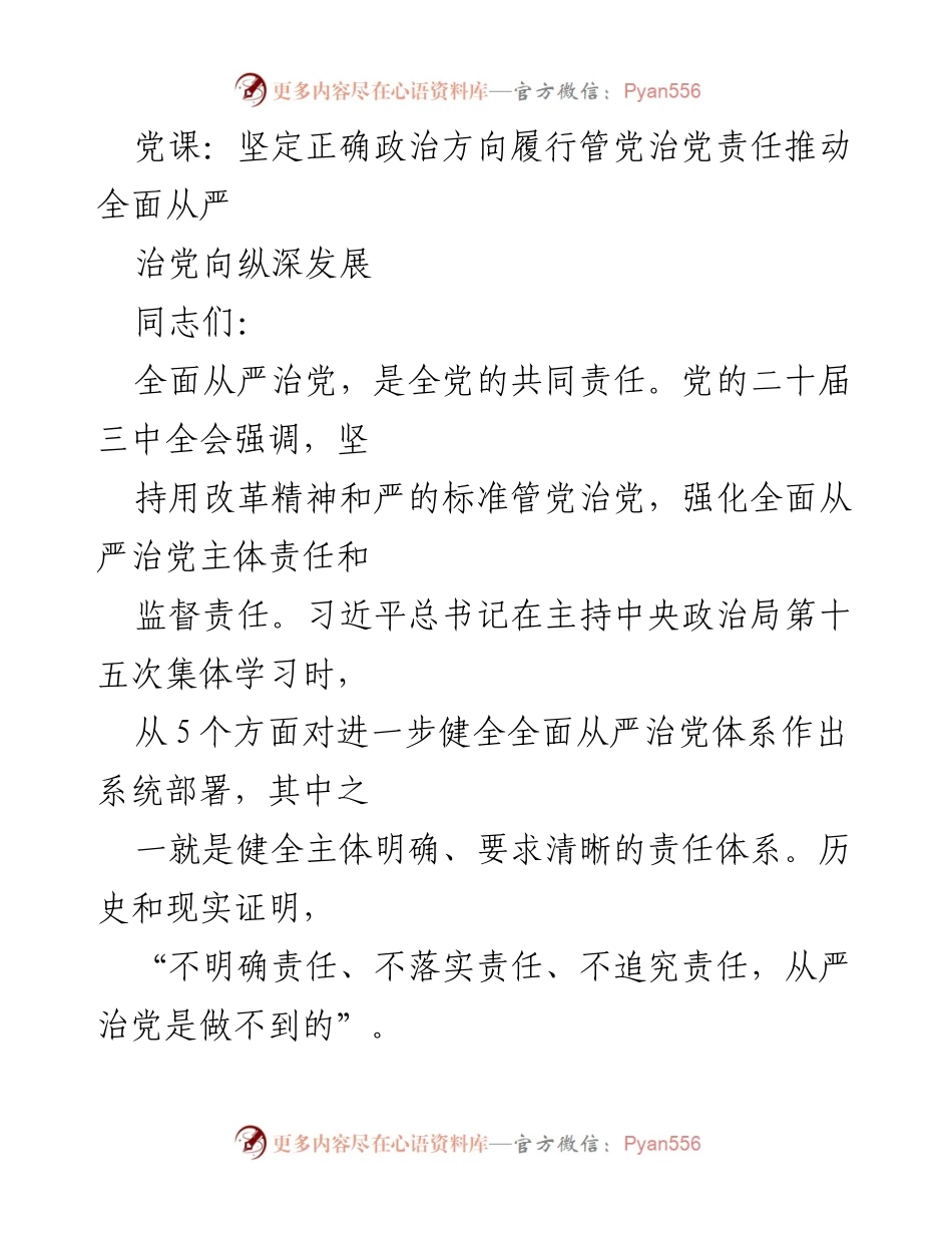[发言] 党课 - 坚定政治方向，推动全面从严治党责任落实.docx_第1页