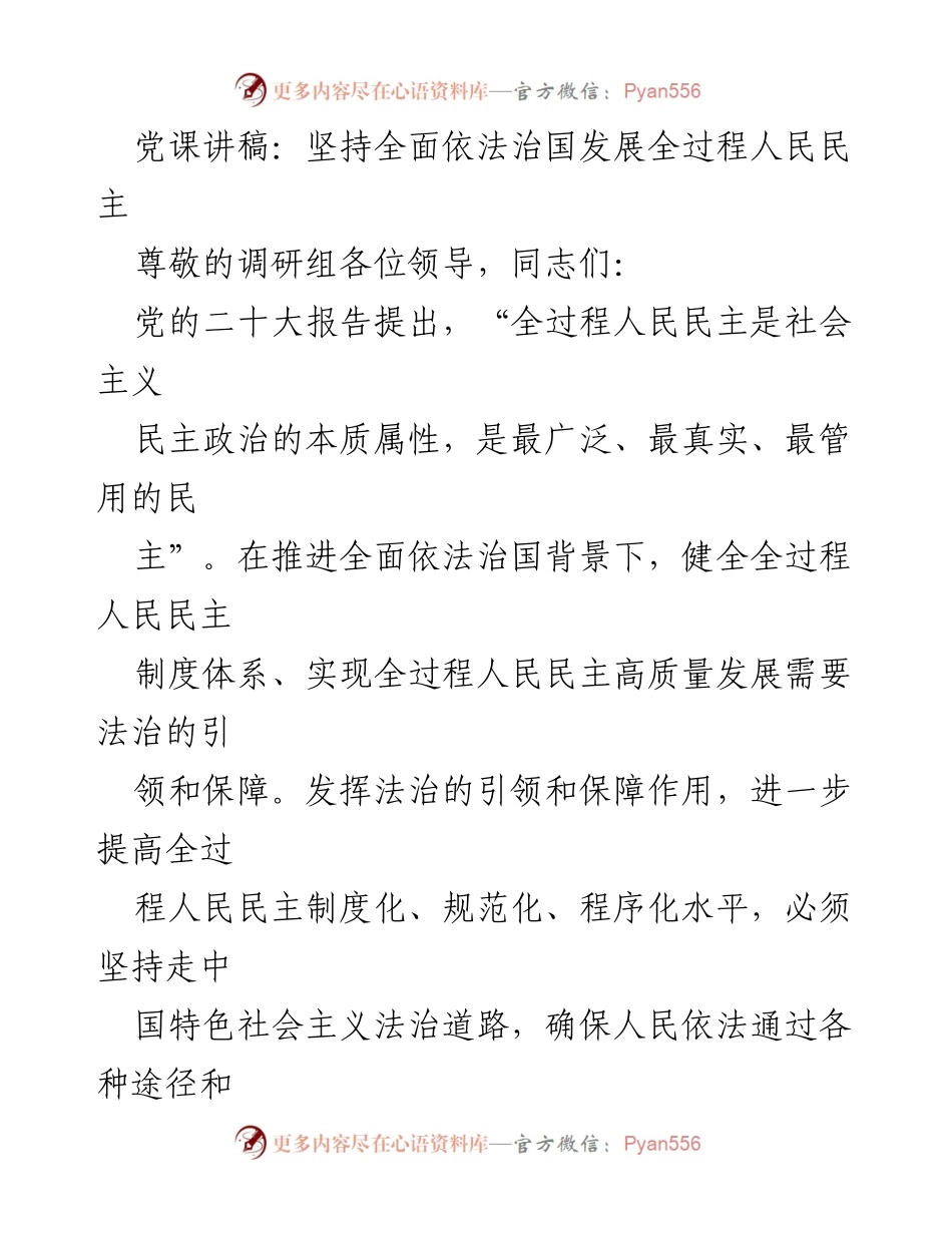 [发言] 党课 - 坚持法治引领，推动全过程人民民主高质量发展.docx_第1页