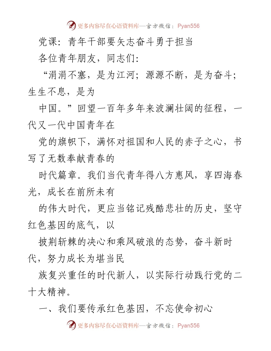 [发言] 党课 - 青年干部：传承红色基因，勇担时代重任.docx_第1页