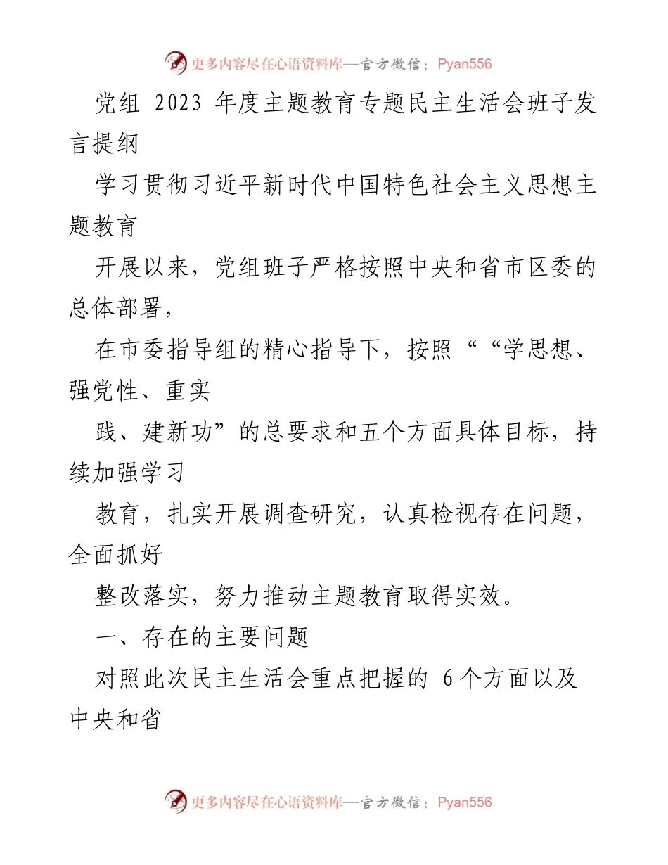 [发言] 党组年度民主生活会 - 党组班子发言提纲：学习贯彻习近平新时代中国特色社会主义思想的自我检视与整改建议.docx_第1页