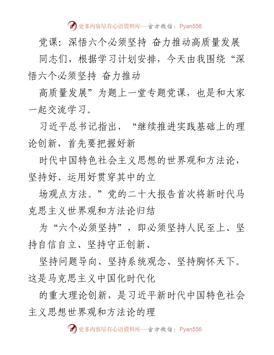 [发言] 党课 - 深悟六个必须坚持，奋力推动高质量发展.docx_第1页