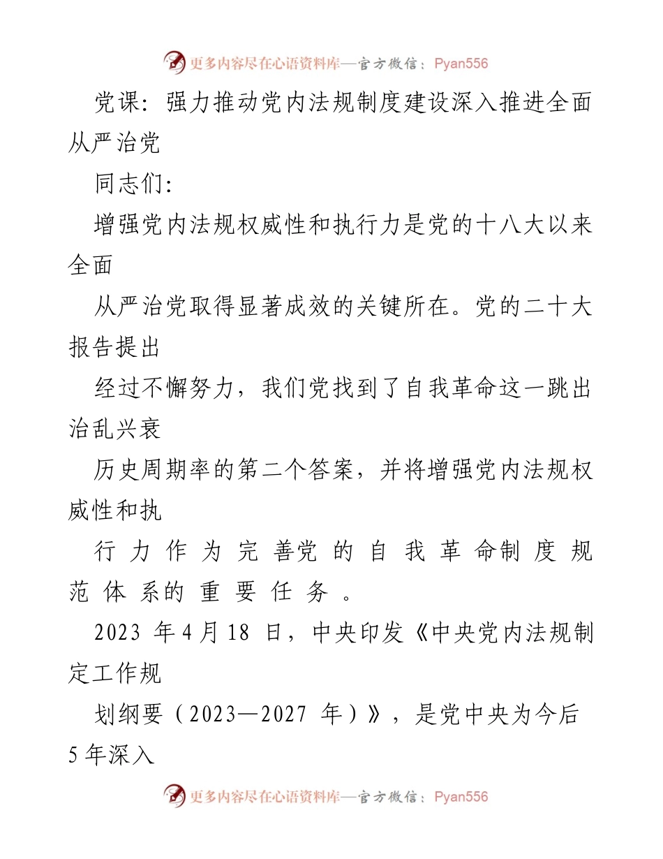 [发言] 党课 - 加强党内法规执行力，推动全面从严治党.docx_第1页