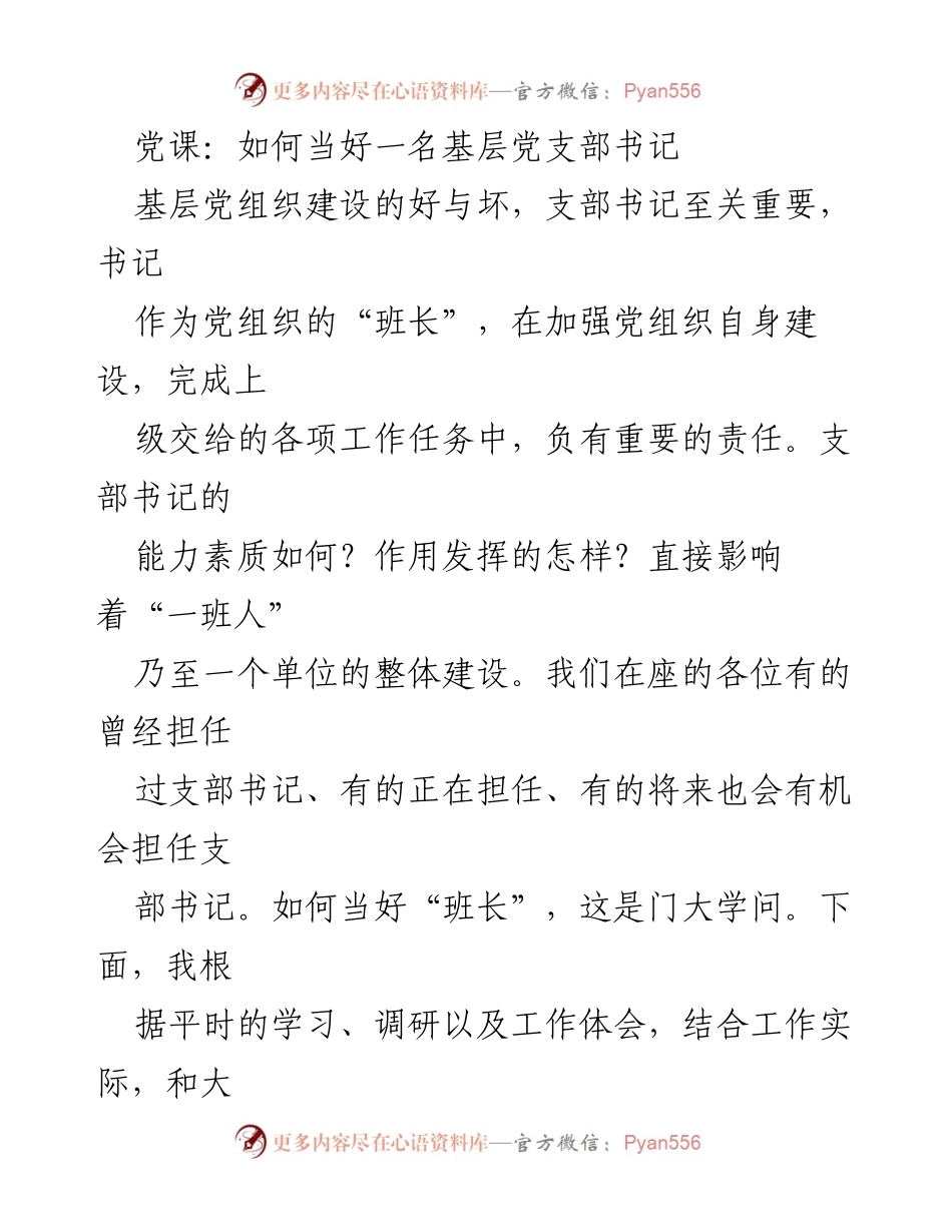 [发言] 党课 - 如何胜任基层党支部书记的职责与作用.docx_第1页
