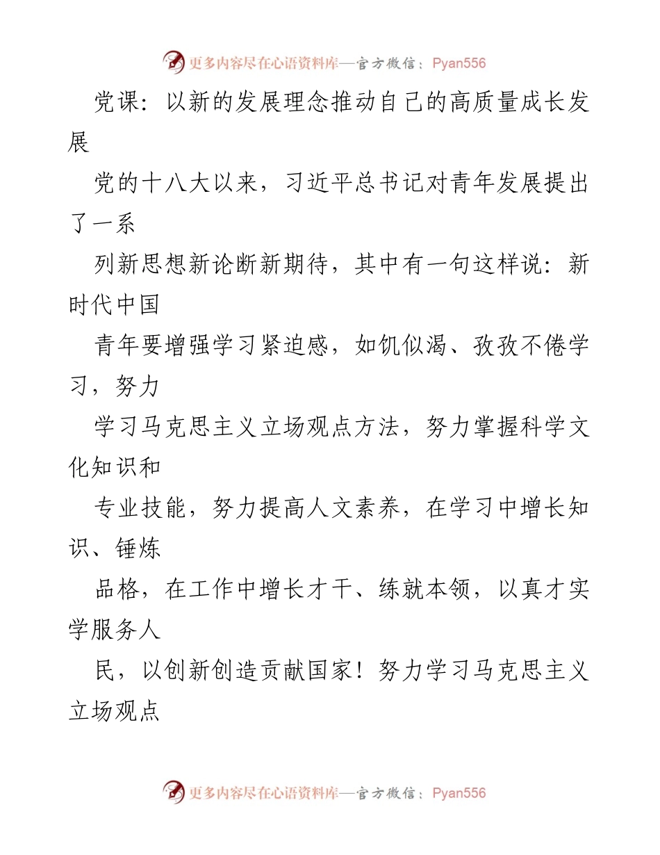 [发言] 党课 - 推动青年高质量发展的新发展理念.docx_第1页