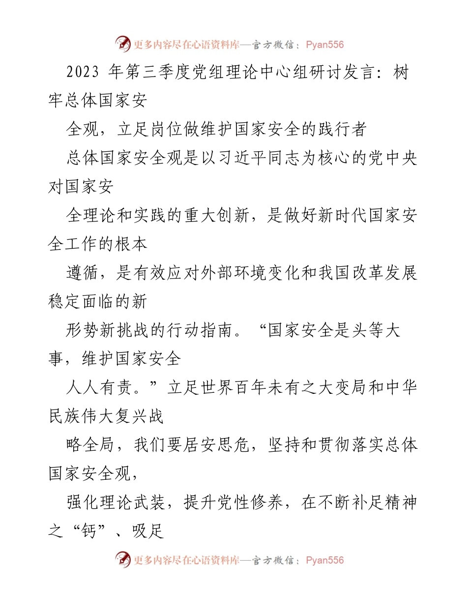 [发言] 党组理论中心组研讨 - 树牢总体国家安全观，提升维护国家安全的意识与能力.docx_第1页