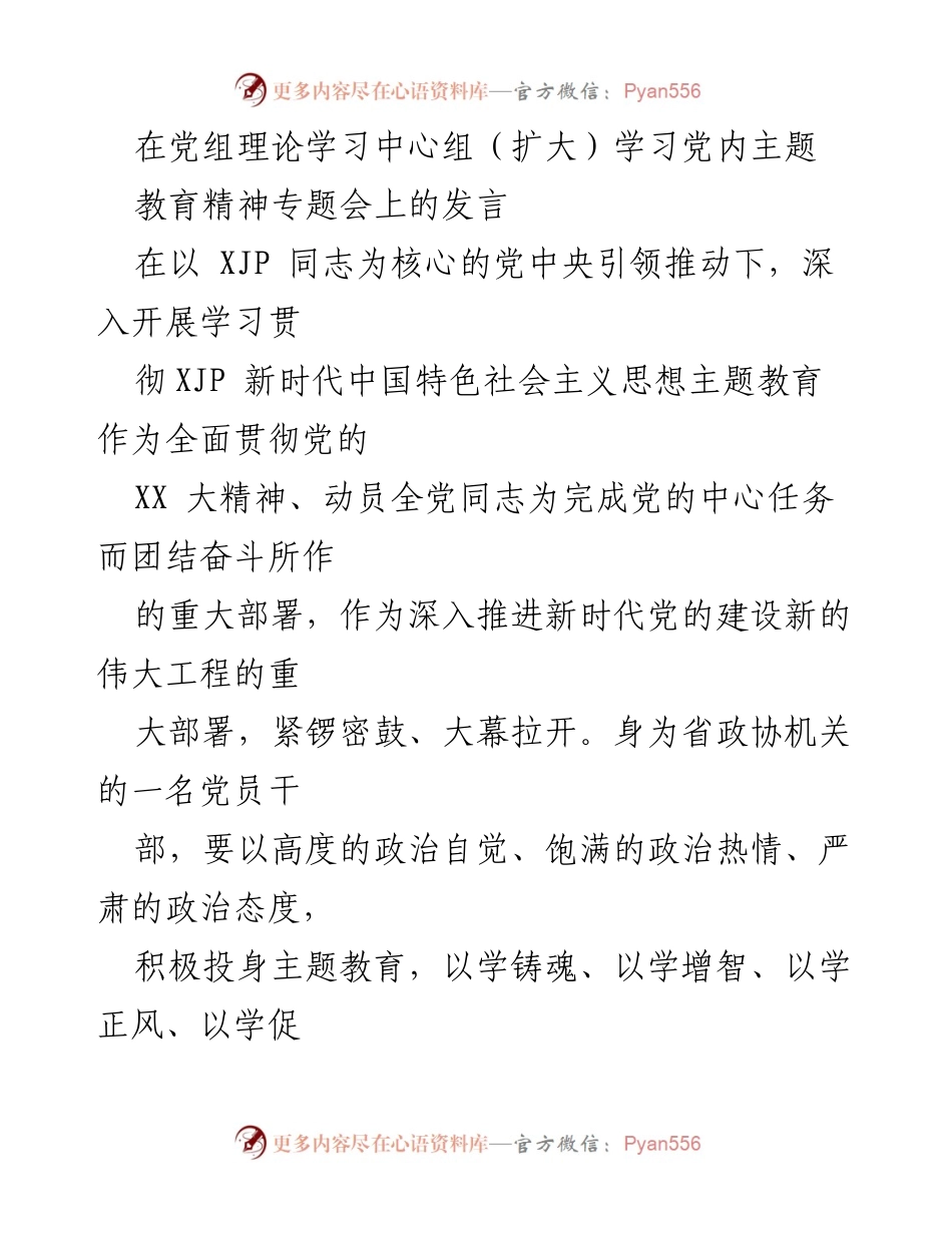 [发言] 党组理论学习中心组（扩大）学习会 - 深入学习贯彻XJP新时代中国特色社会主义思想主题教育精神.docx_第1页