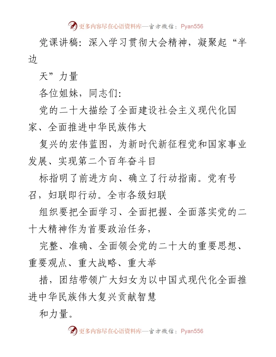 [发言] 党课 - 深入学习贯彻党的二十大精神，凝聚妇女力量推动伟大复兴.docx_第1页