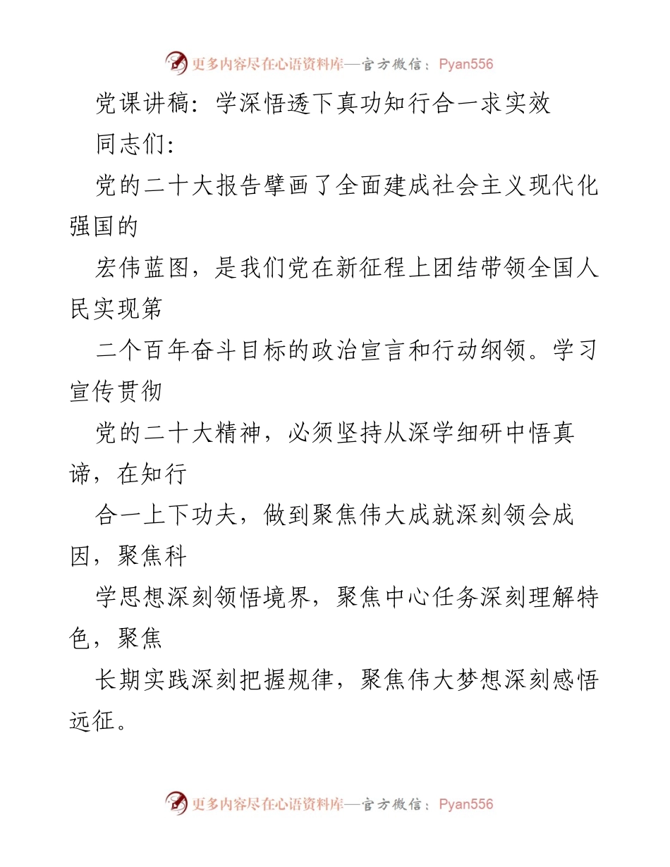 [发言] 党课 - 深学细悟，知行合一，推动党的二十大精神落实.docx_第1页