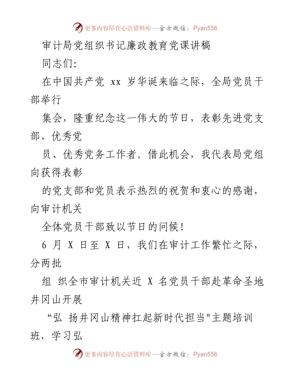 [发言] 党组织集会 - 弘扬井冈山精神，坚定审计初心.docx_第1页