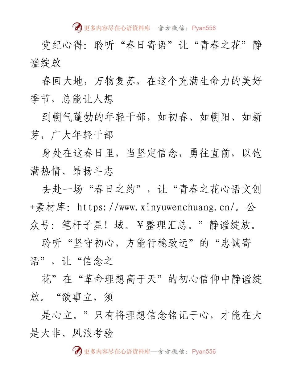 [发言] 党组织学习活动 - 青春绽放：坚定信念与实干担当的春日寄语.docx_第1页