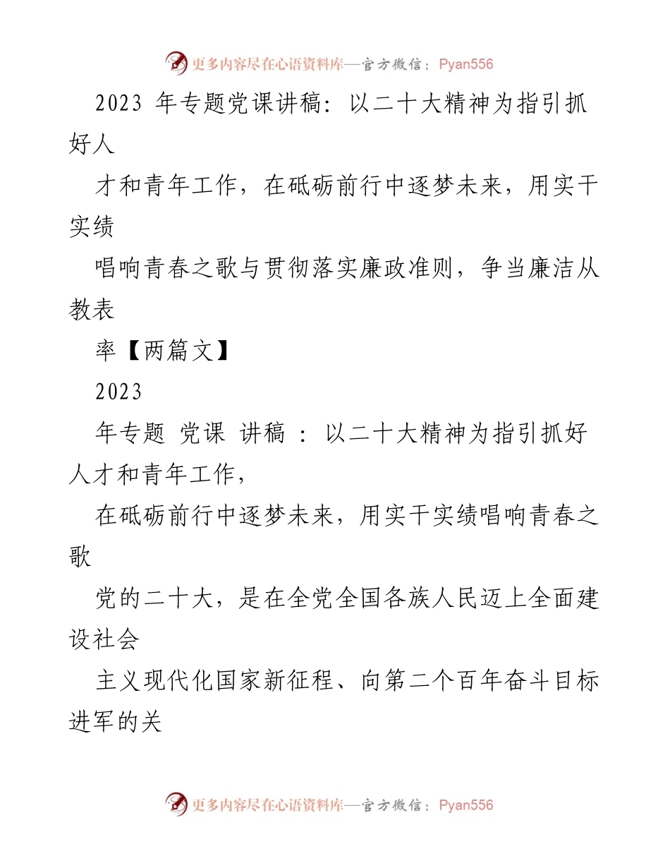 [发言] 党课 - 以二十大精神为指引，推动青年人才发展与廉洁教育.docx_第1页