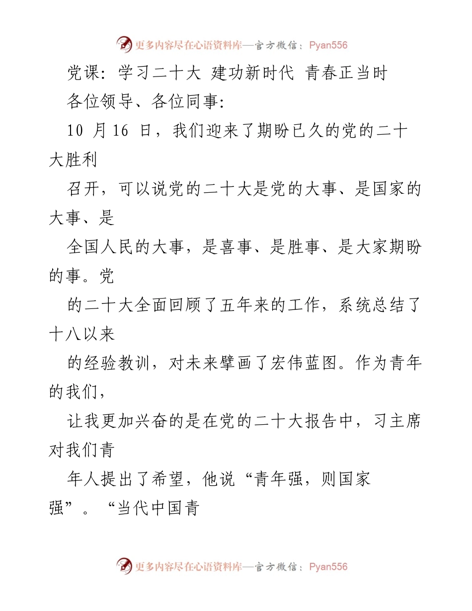 [发言] 党课 - 青春正当时：在二十大精神指引下的奋斗之路.docx_第1页