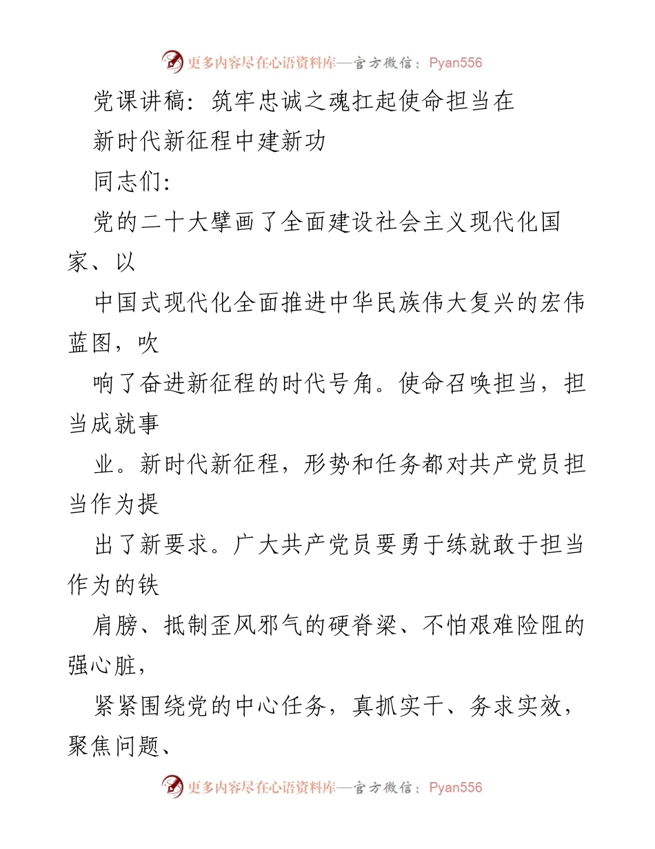[发言] 党课 - 筑牢忠诚之魂，扛起使命担当.docx_第1页