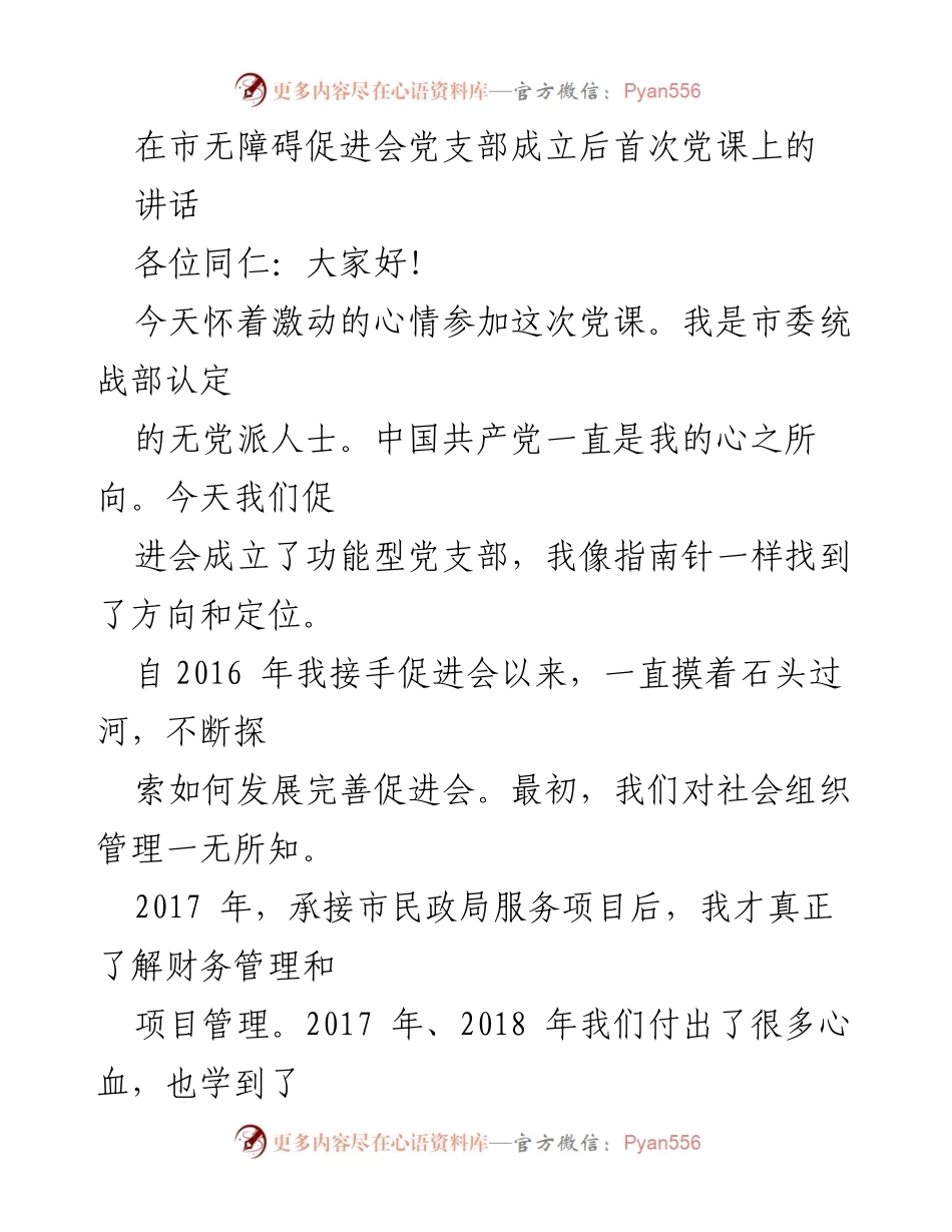 [发言] 党课 - 无障碍促进会党支部成立的激动与展望.docx_第1页