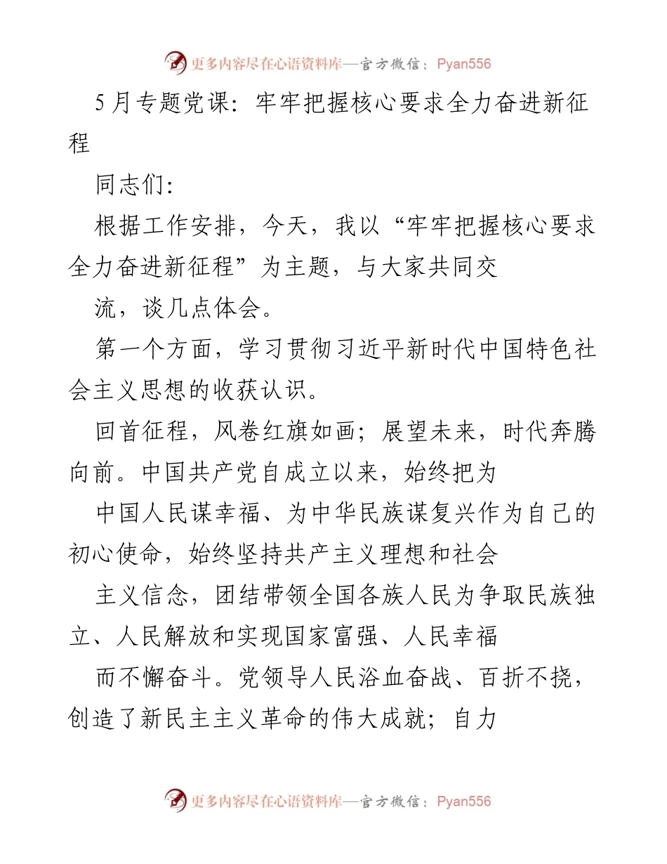 [发言] 党课 - 牢牢把握核心要求，奋进新时代征程.docx_第1页