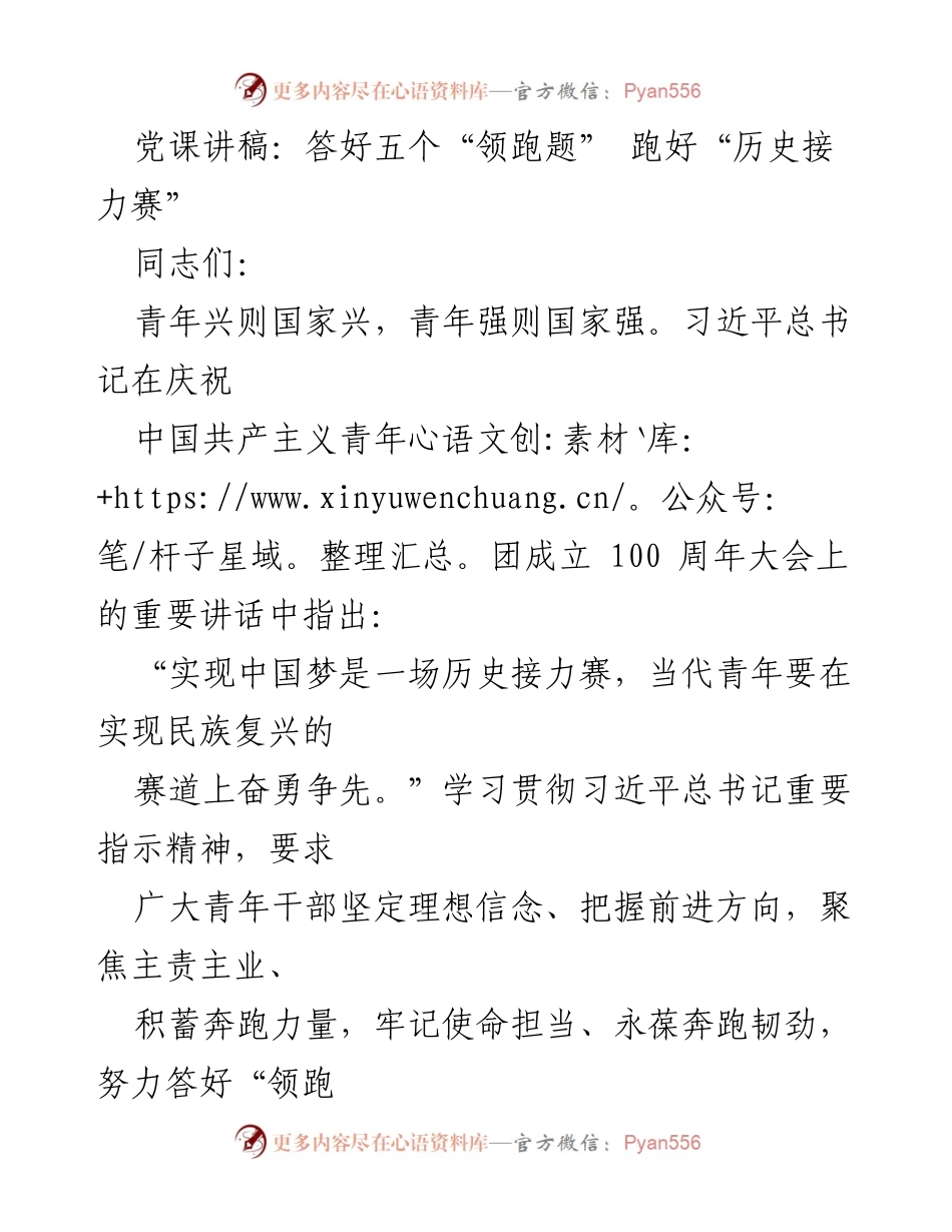 [发言] 党课 - 跑好“历史接力赛”，青年干部的使命担当.docx_第1页