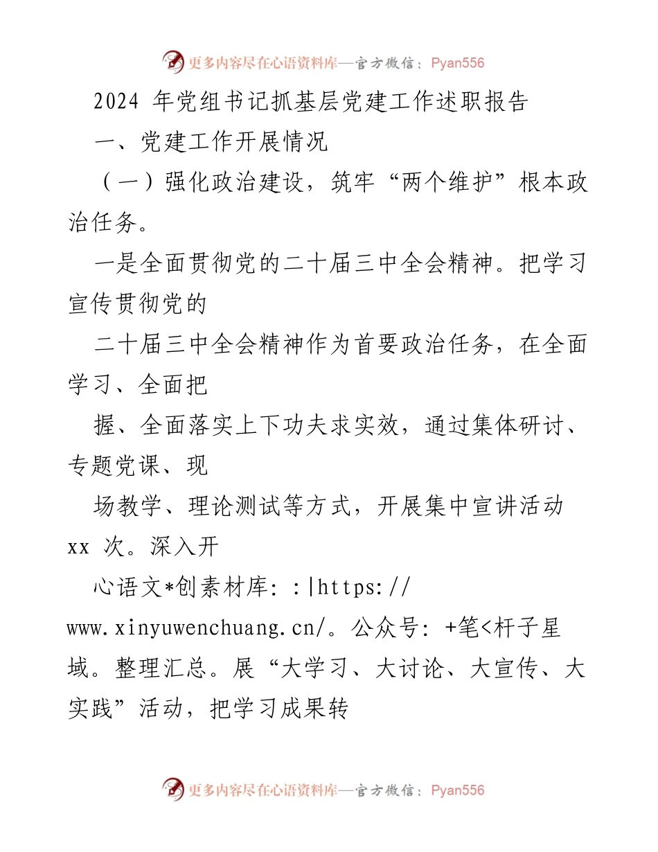 [发言] 党组书记述职 - 2024年党建工作述职报告概述.docx_第1页