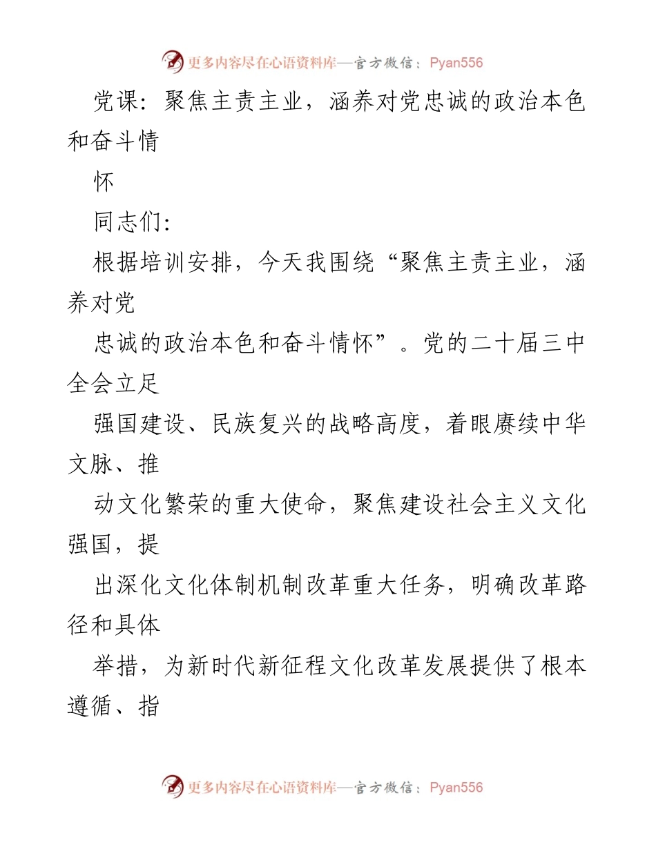 [发言] 党课 - 聚焦主责主业，坚定文化自信与政治忠诚.docx_第1页