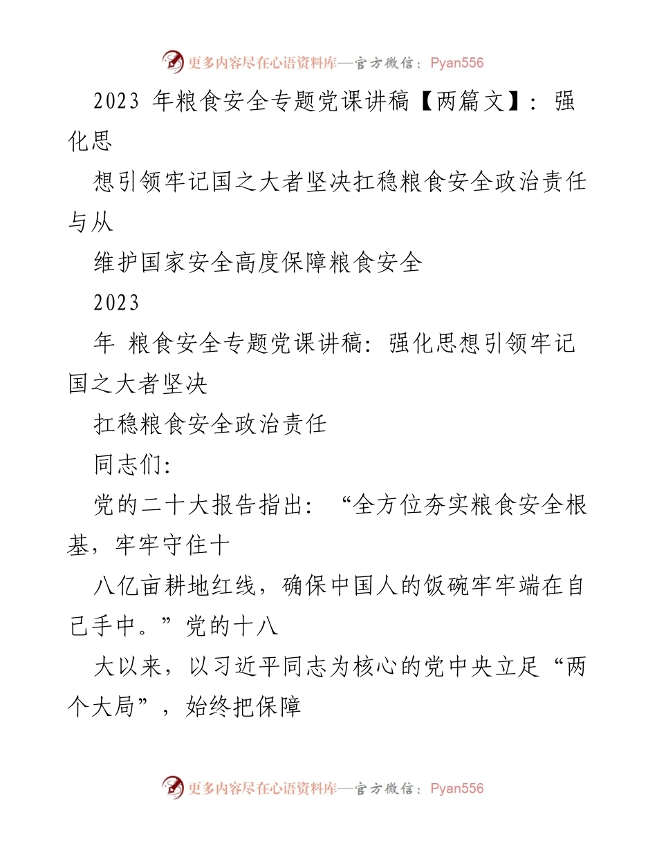 [发言] 党课 - 强化思想引领，牢记粮食安全的政治责任.docx_第1页