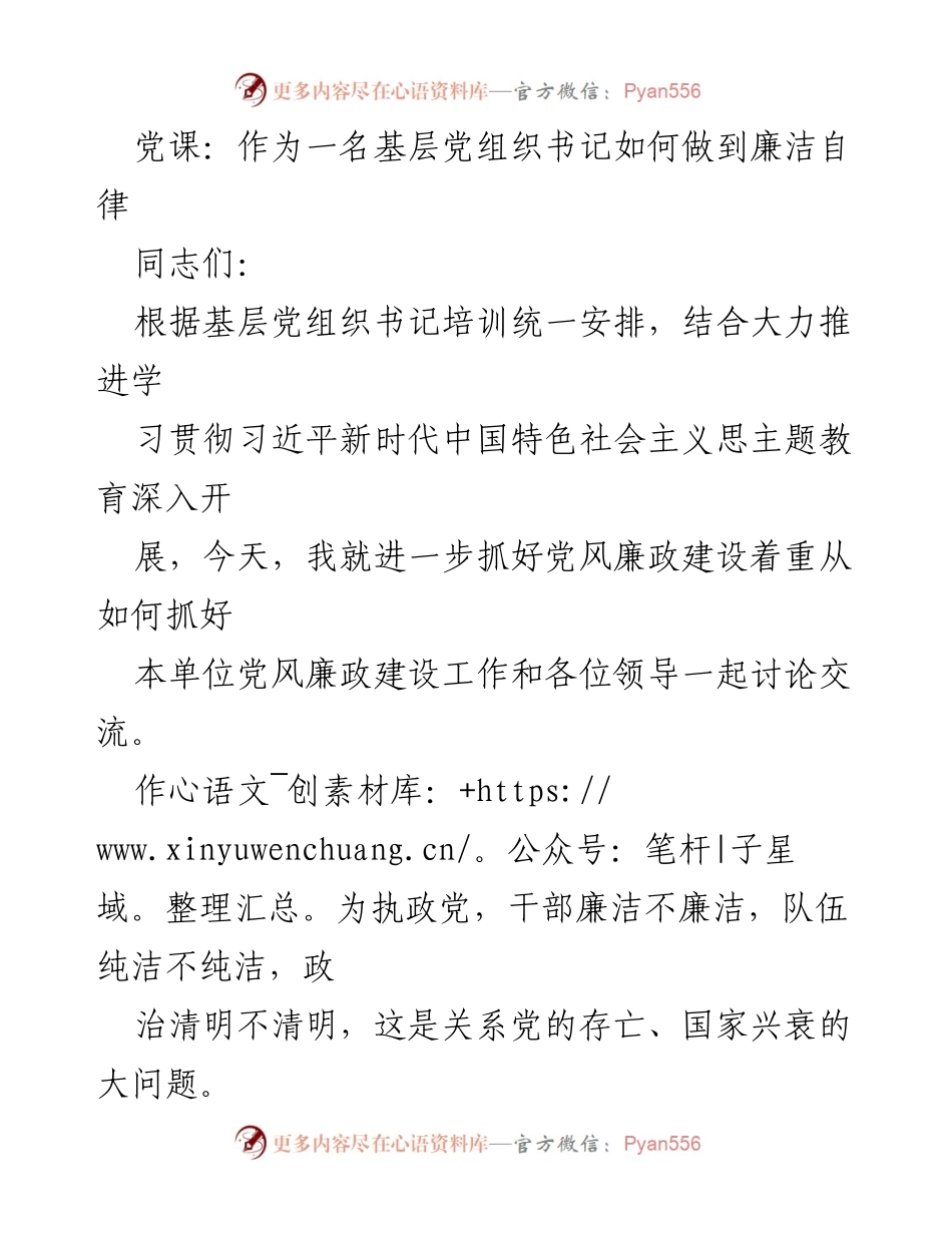 [发言] 党课 - 基层党组织书记的廉洁自律实践.docx_第1页