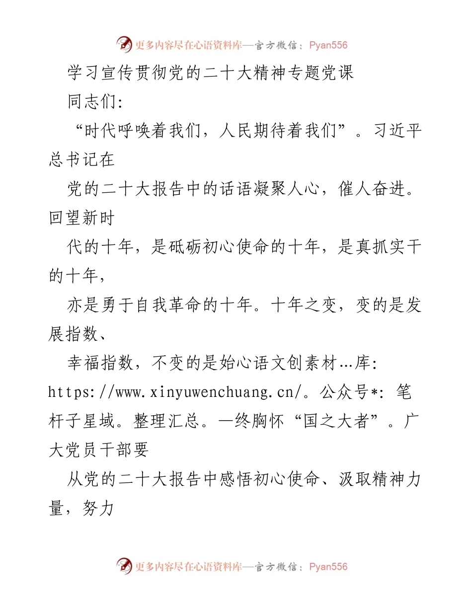 [发言] 党课 - 学习宣传贯彻党的二十大精神的重要性与实践内涵.docx_第1页