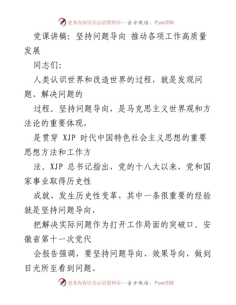 [发言] 党课 - 坚持问题导向，推动高质量发展.docx_第1页