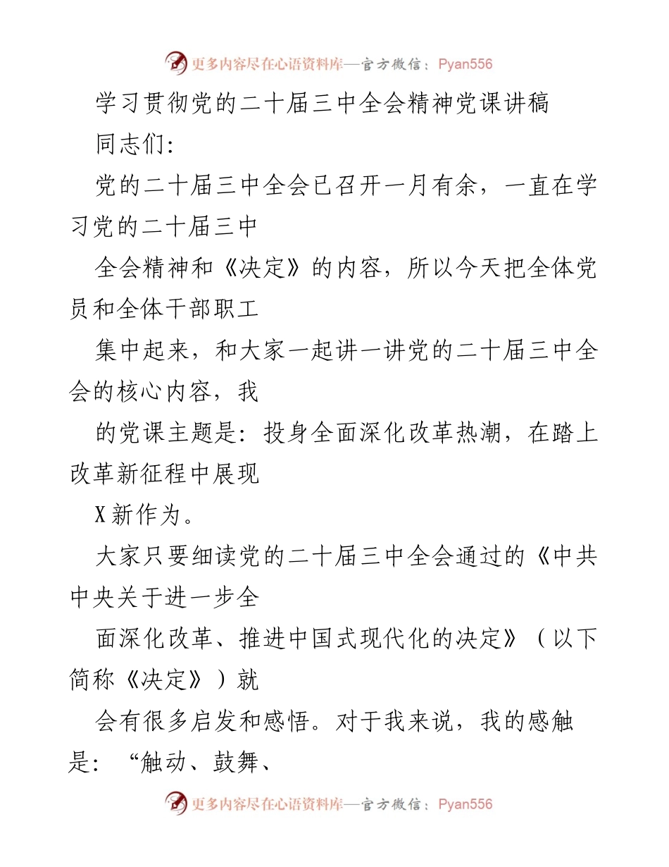 [发言] 党课 - 深入学习贯彻党的二十届三中全会精神，投身全面深化改革新征程.docx_第1页