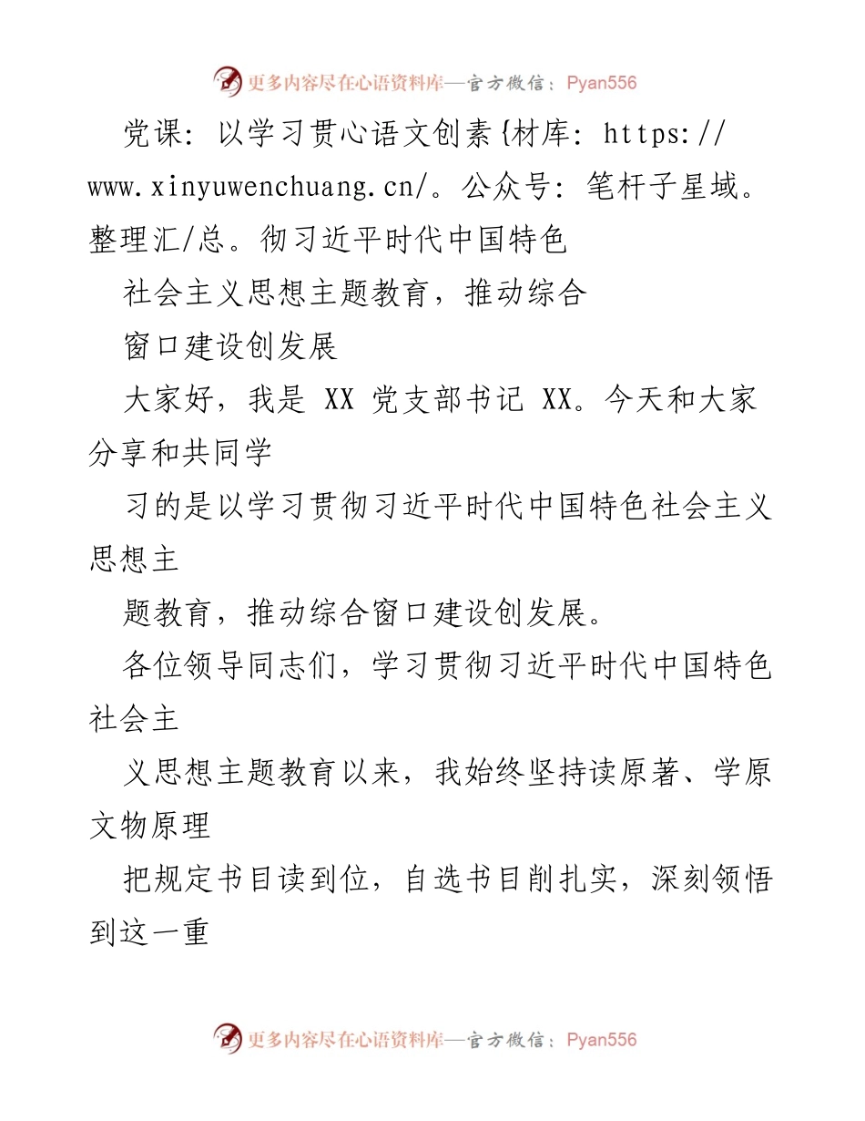 [发言] 党课 - 学习贯彻习近平新时代中国特色社会主义思想，推动综合窗口建设发展.docx_第1页