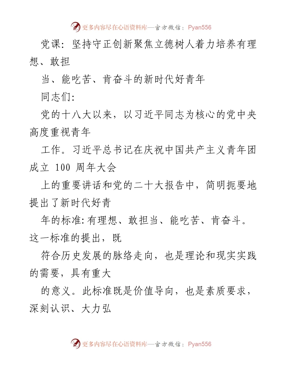[发言] 党课 - 坚持守正创新，培养新时代好青年标准_1.docx_第1页