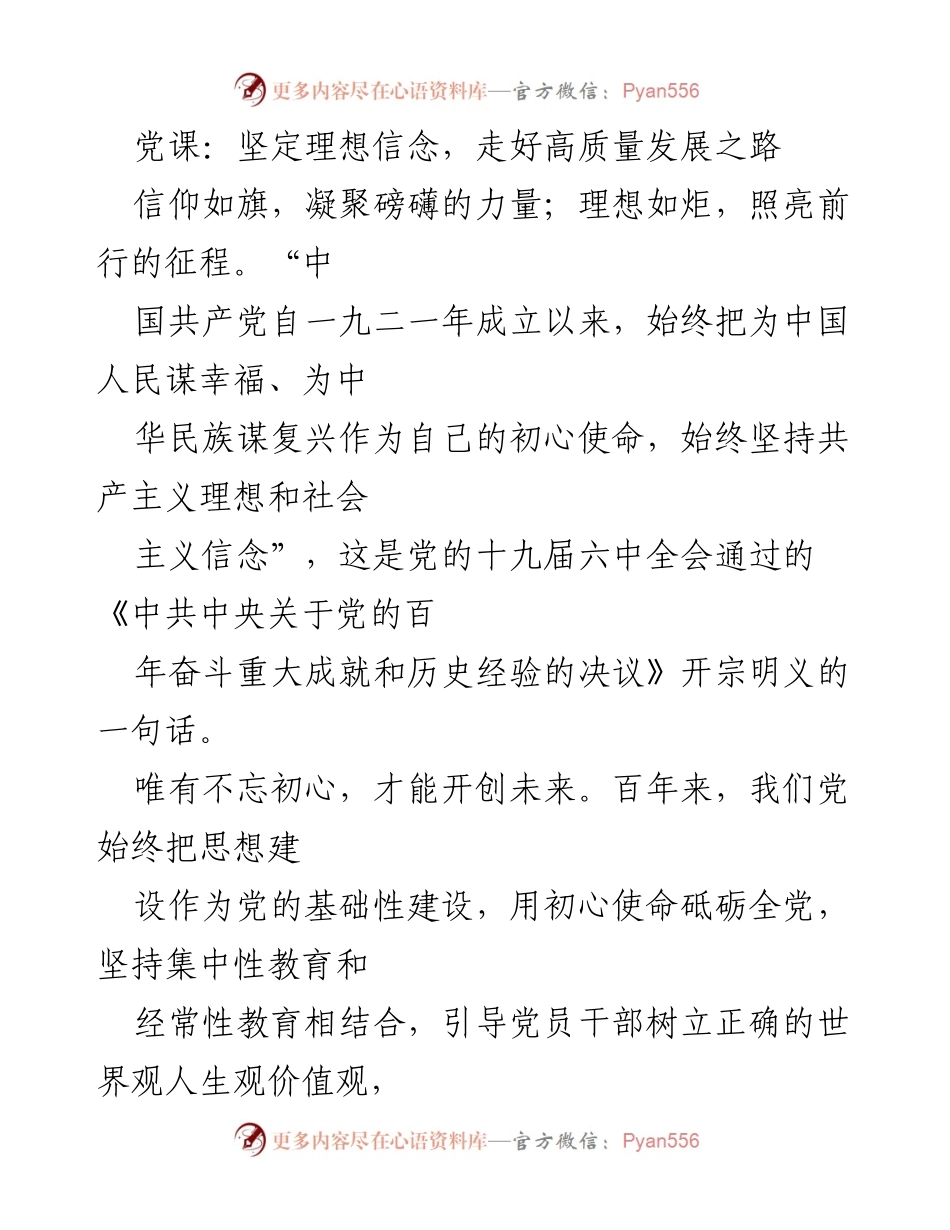 [发言] 党课 - 坚定理想信念，走向高质量发展之路.docx_第1页