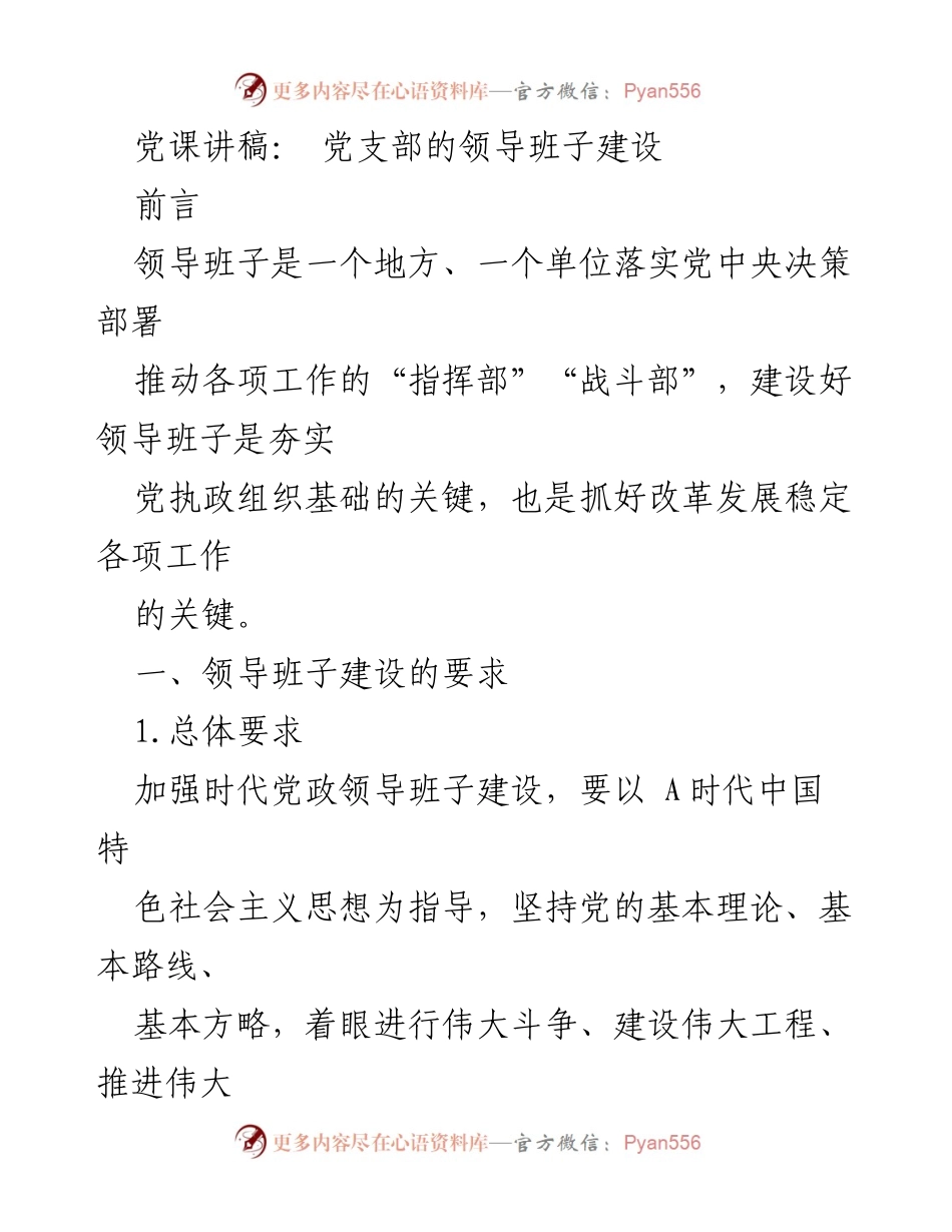 [发言] 党课 - 党支部领导班子建设的核心要求与实践.docx_第1页