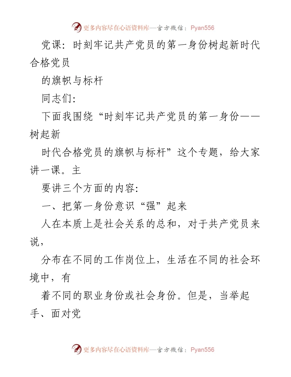 [发言] 党课 - 时刻牢记共产党员的第一身份与新时代合格党员的标杆.docx_第1页