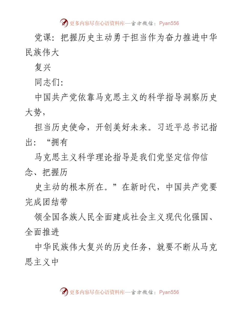 [发言] 党课 - 把握历史主动，勇于担当，奋力推进中华民族伟大复兴.docx_第1页