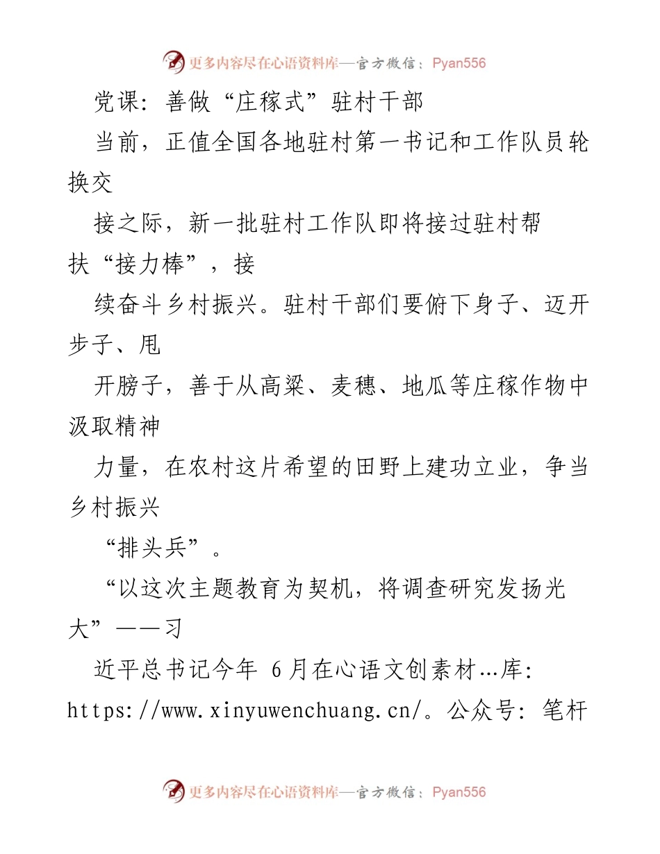 [发言] 党课 - 善做“庄稼式”驻村干部：扎根乡村，勇担振兴使命.docx_第1页