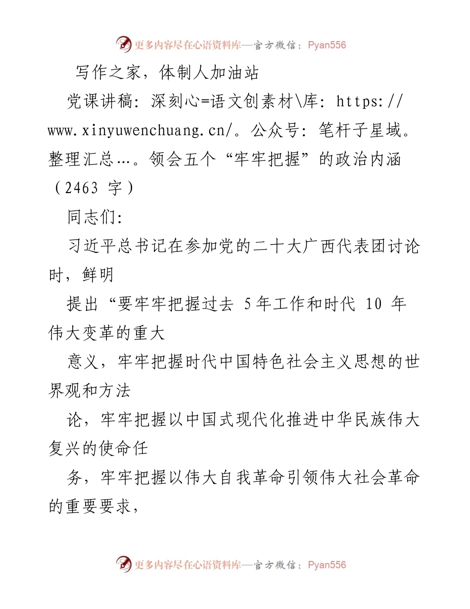 [发言] 党课 - 深刻领会五个“牢牢把握”的政治内涵.docx_第1页