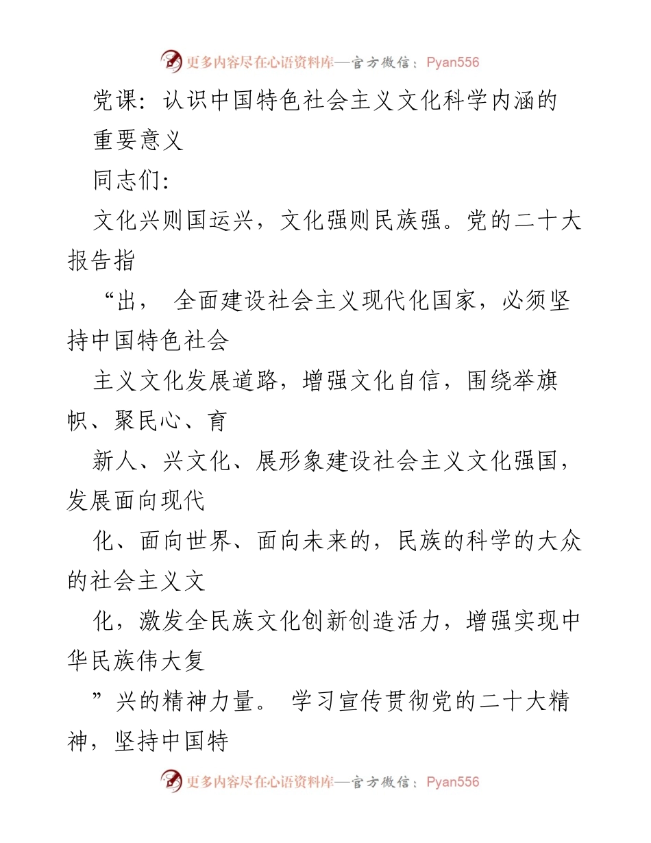 [发言] 党课 - 深刻认识中国特色社会主义文化的重要意义.docx_第1页