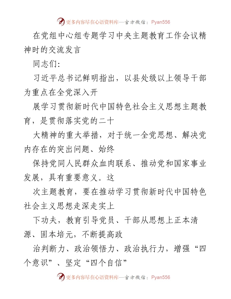 [发言] 党组中心组专题学习 - 深入学习贯彻新时代中国特色社会主义思想主题教育的重要性与实施路径.docx_第1页