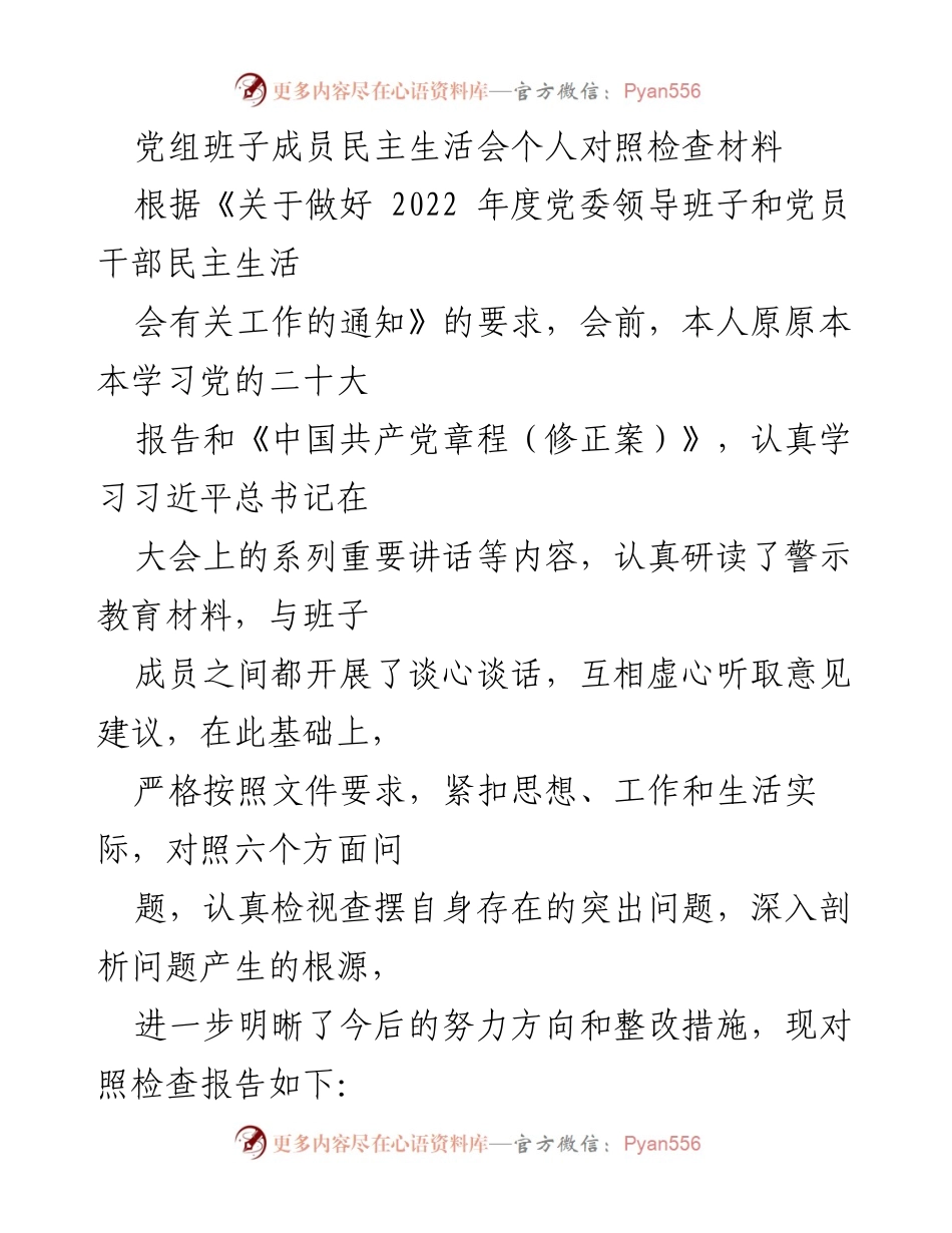 [发言] 党组班子成员民主生活会 - 个人对照检查材料总结与反思.docx_第1页