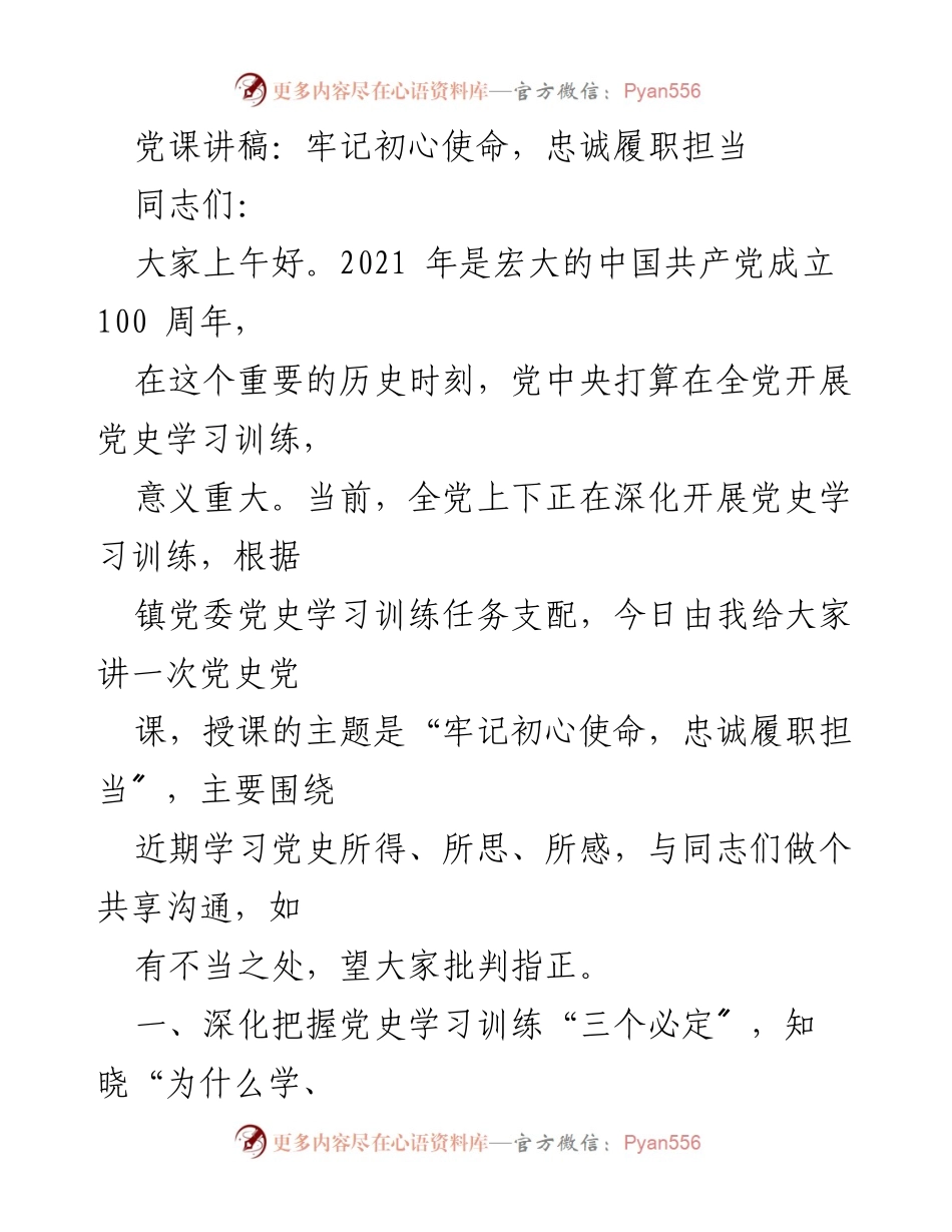[发言] 党课 - 牢记初心使命，忠诚履职担当_2.docx_第1页