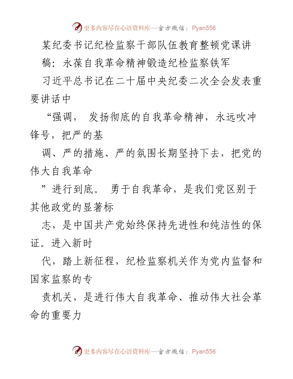[发言] 党课 - 永葆自我革命精神，锻造纪检监察铁军_1.docx_第1页