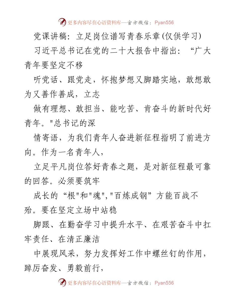 [发言] 党课 - 立足岗位，勇担责任，谱写青春乐章.docx_第1页