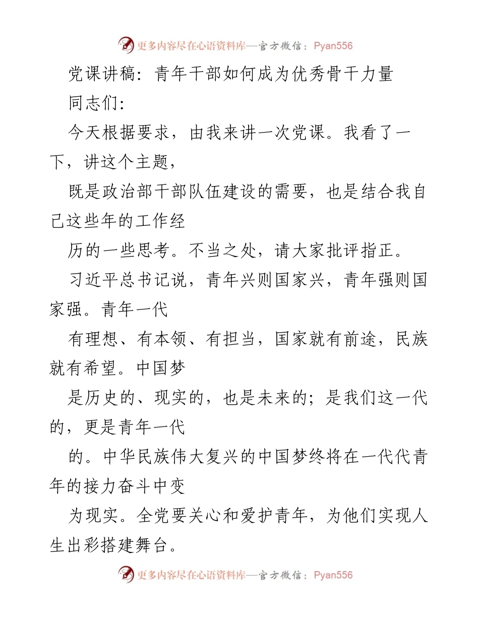 [发言] 党课 - 青年干部成长成才的路径与担当.docx_第1页