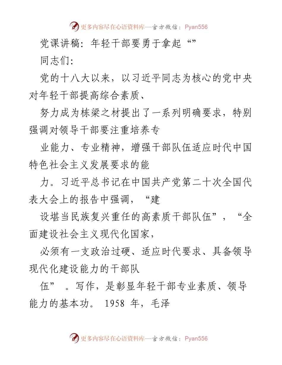 [发言] 党课 - 年轻干部要勇于拿起“笔杆”.docx_第1页