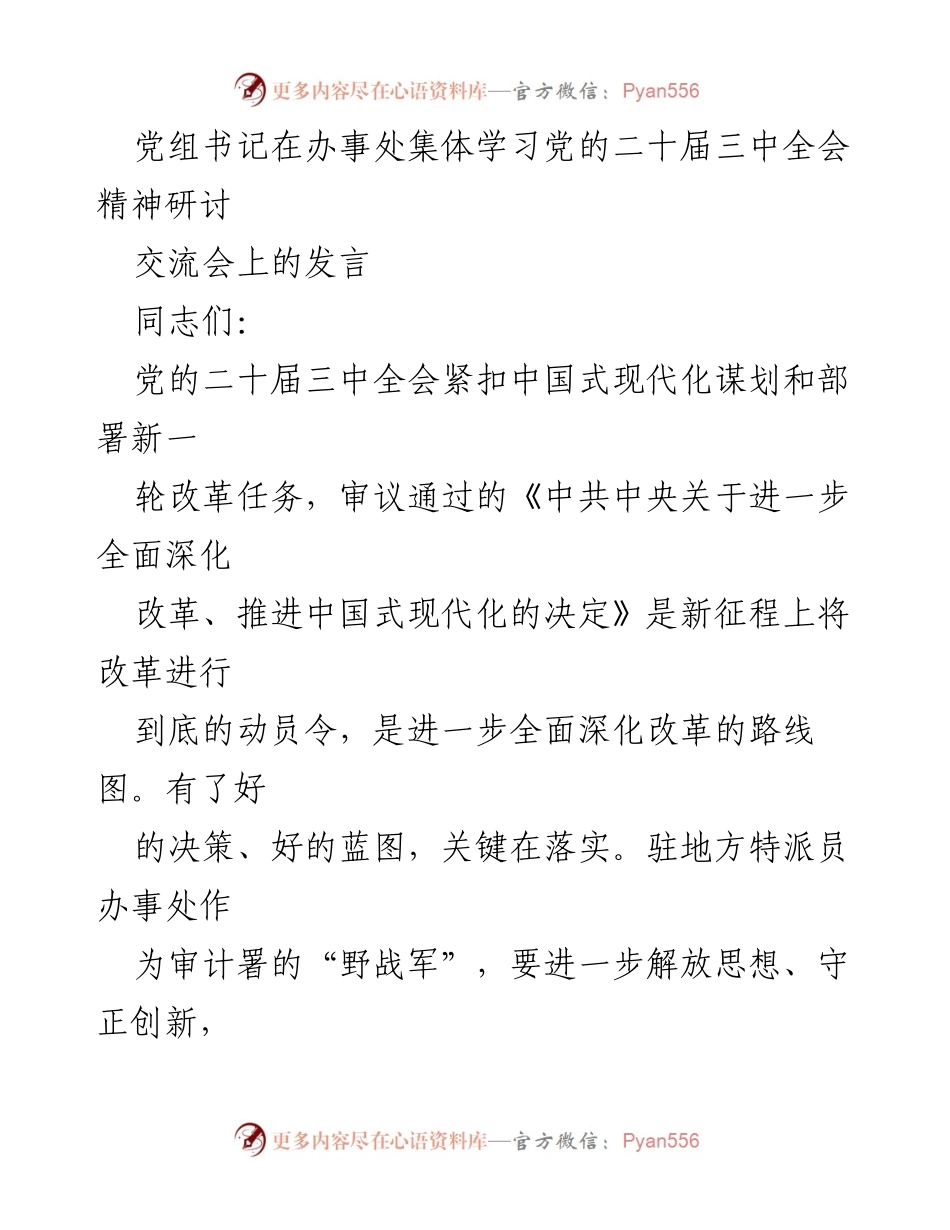 [发言] 党组书记在办事处集体学习 - 深入学习贯彻党的二十届三中全会精神，推动审计工作落实.docx_第1页