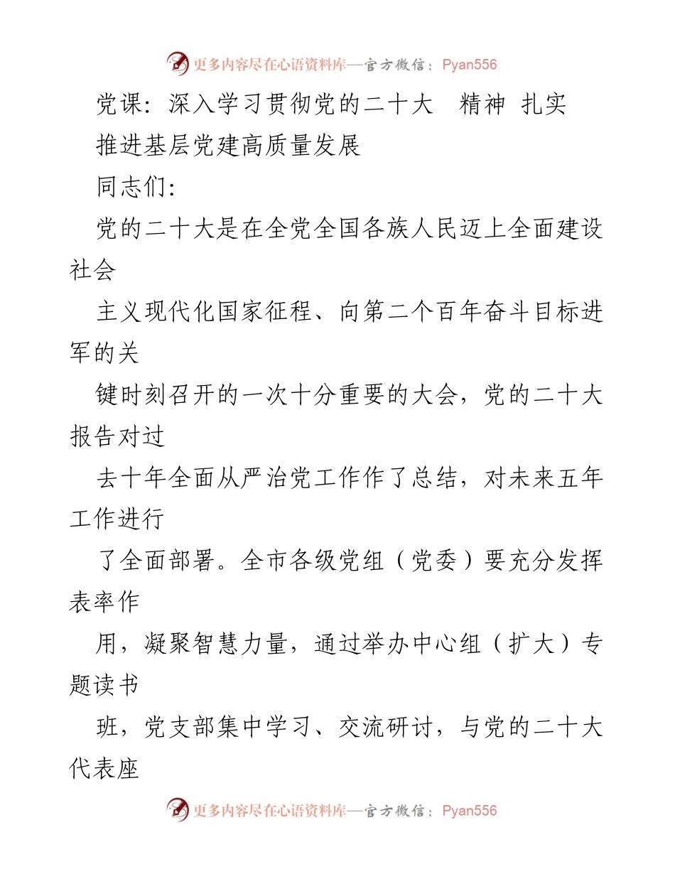 [发言] 党课 - 深入学习贯彻党的二十大精神，推动基层党建高质量发展_1.docx_第1页