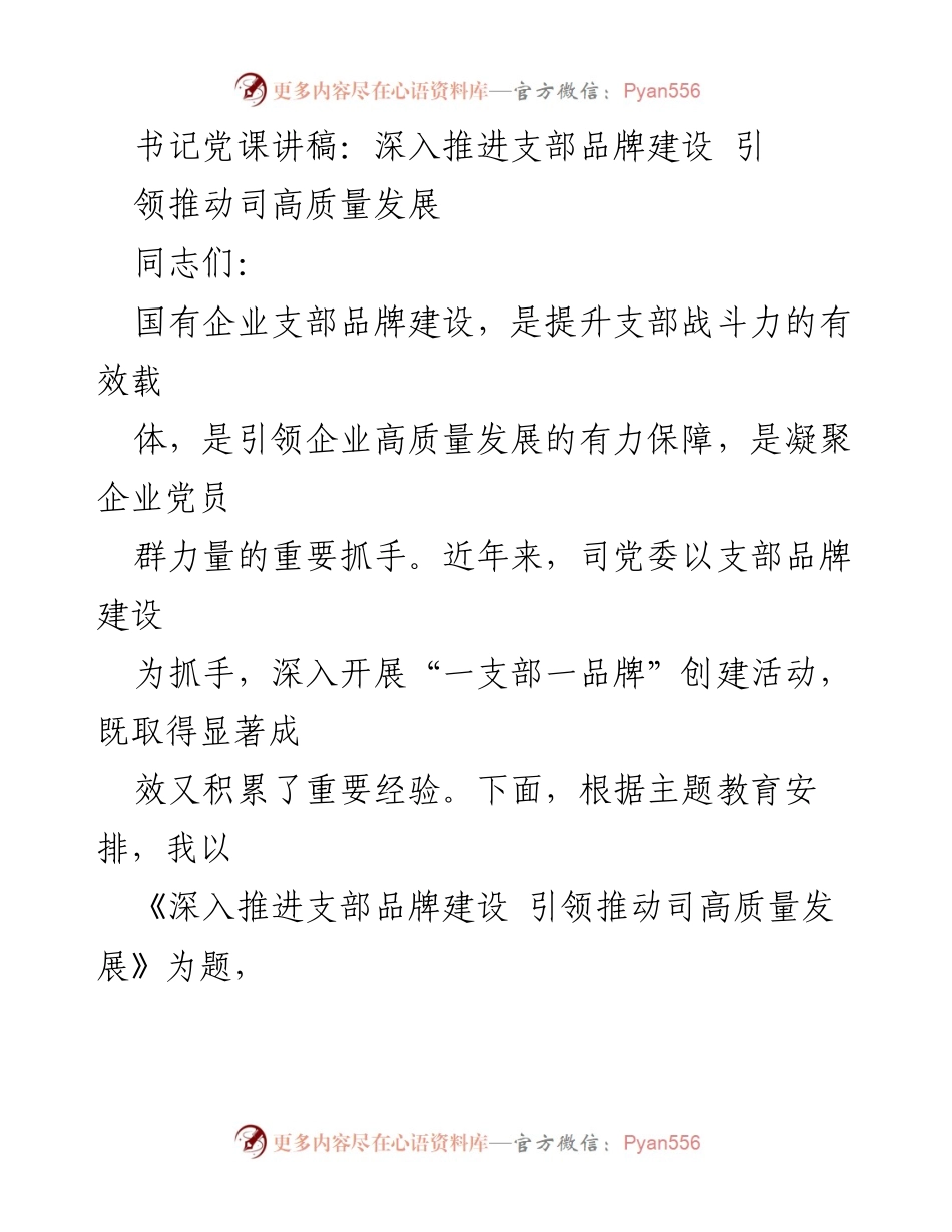 [发言] 党课 - 深入推进支部品牌建设 引领推动司高质量发展.docx_第1页