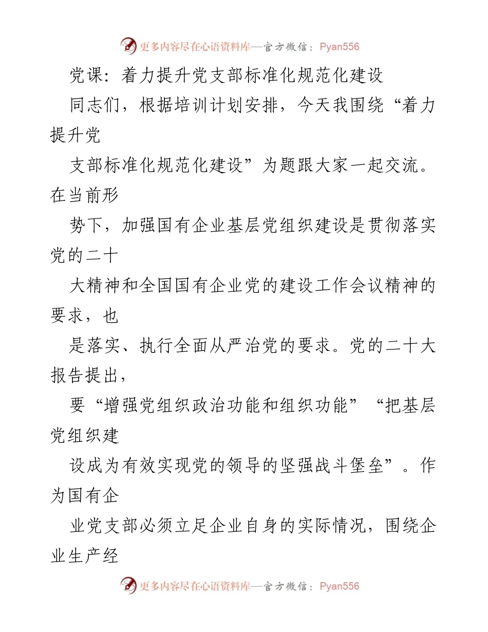 [发言] 党课 - 着力提升国有企业党支部标准化建设的重要性与实践路径.docx_第1页