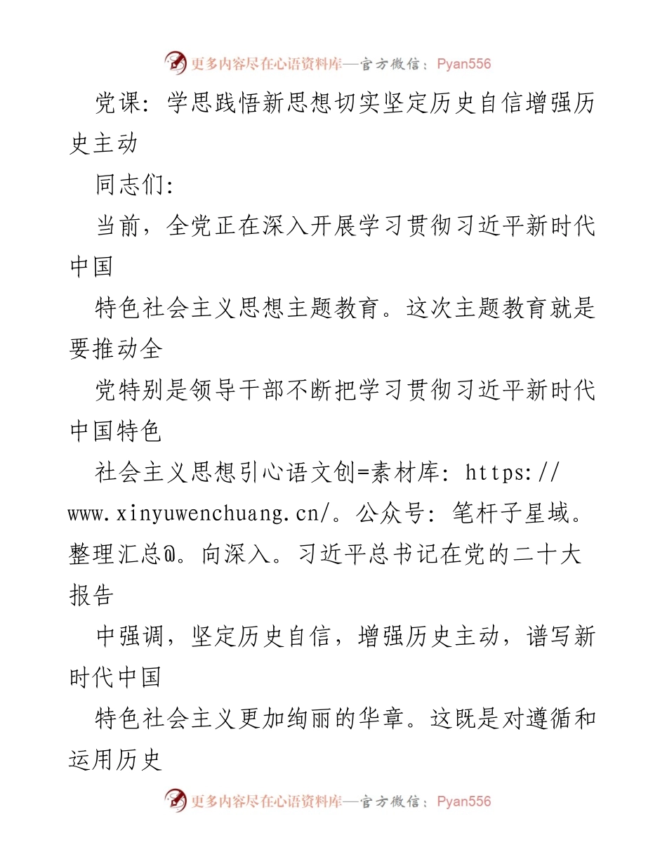 [发言] 党课 - 学思践悟新思想，坚定历史自信与主动精神.docx_第1页
